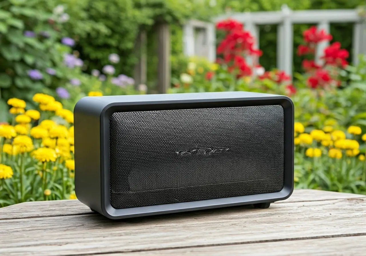 A sleek outdoor speaker against a vibrant garden backdrop. 35mm stock photo