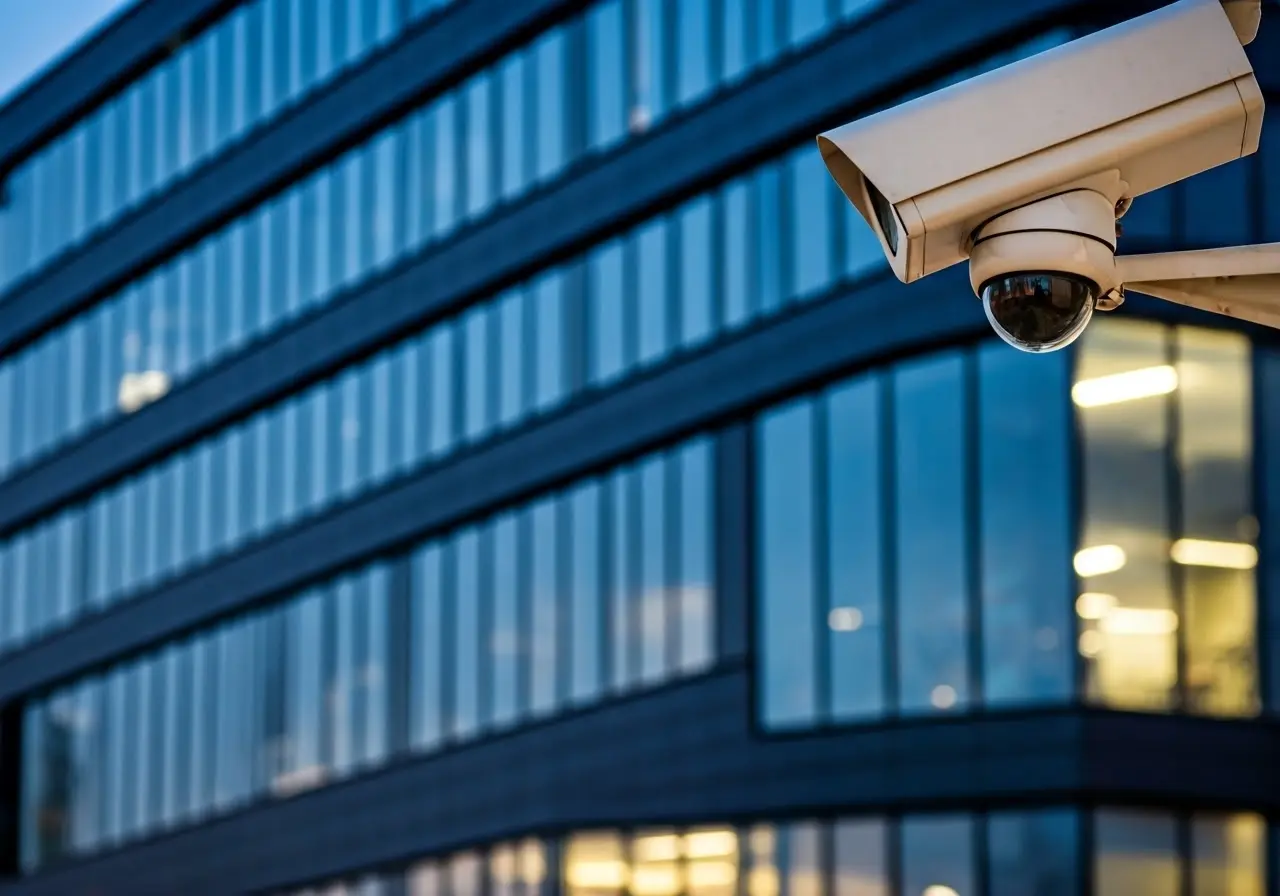 Surveillance camera overlooking a modern office building at dusk. 35mm stock photo