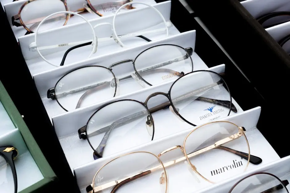 Close-up of assorted eyeglasses showcased in an orderly fashion for selection.