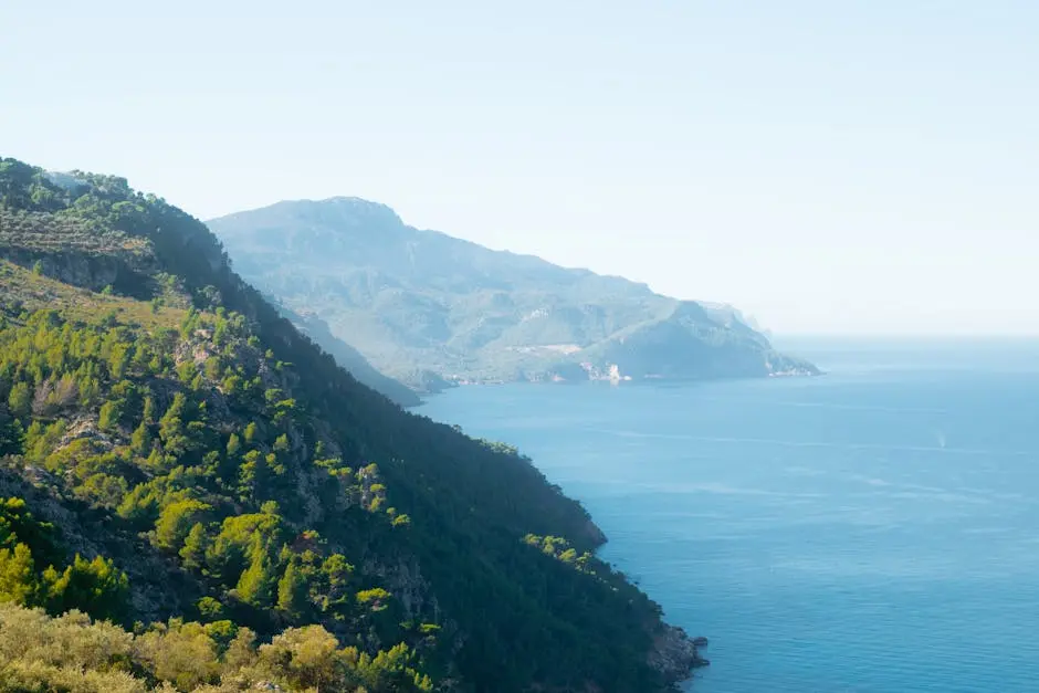 Breathtaking view of Mallorca’s lush mountains and blue sea under a clear sky.