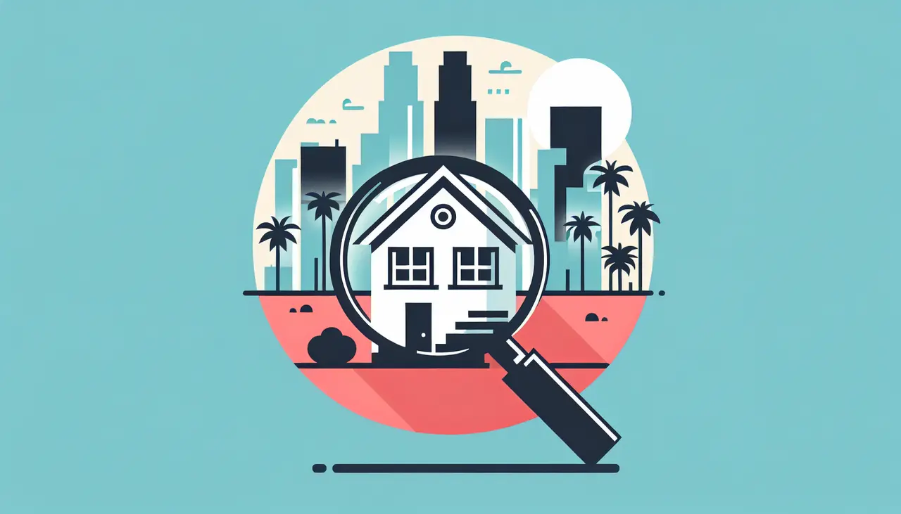 Draw a graphic in flat design style. Prompt: An image of a house with a magnifying glass focusing on it, set against a simple Los Angeles city skyline background.