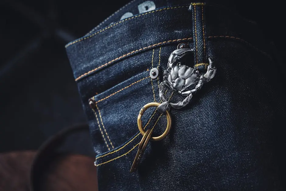 Close-up of a silver crab keychain attached to denim jeans, highlighting fashion and design trends.