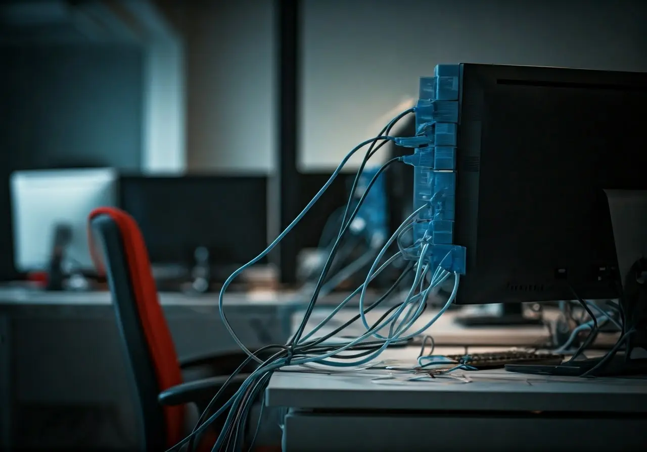 Modern office with network cables and computers connected. 35mm stock photo