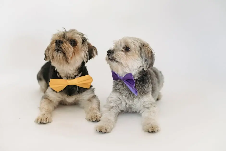 Friendly Yorkshire Terriers in colorful decorative bow ties lying on light floor in studio against white background