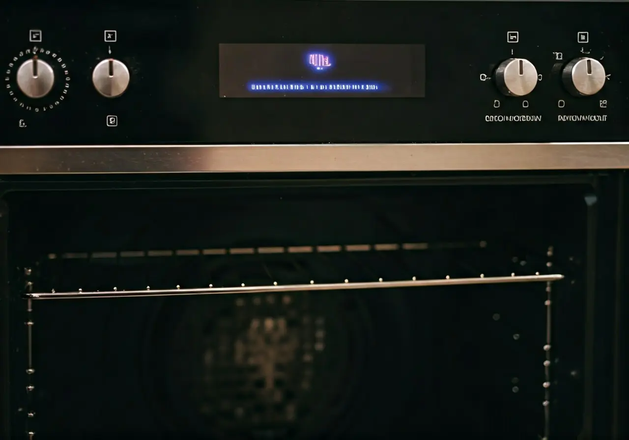 An open oven displaying a malfunction error message on the screen. 35mm stock photo