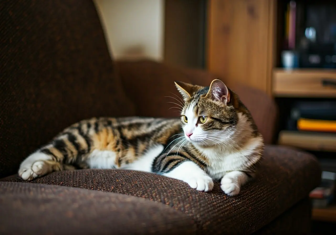 A cat lounging comfortably on a living room sofa. 35mm stock photo