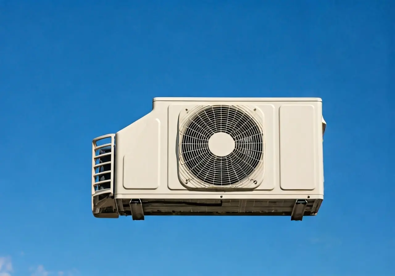 A modern air conditioning unit against a bright blue sky. 35mm stock photo