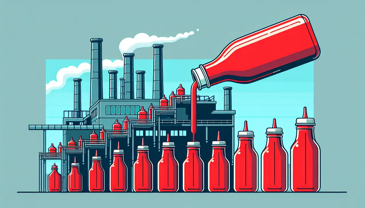 Draw a graphic in flat design style. Prompt: Flat Design Style illustration of a ketchup bottle pouring into several small bottles, with a factory in the background.