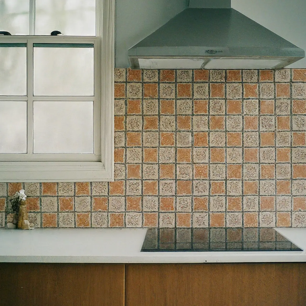 A close-up of vintage tiles in a modern kitchen setting. 35mm stock photo