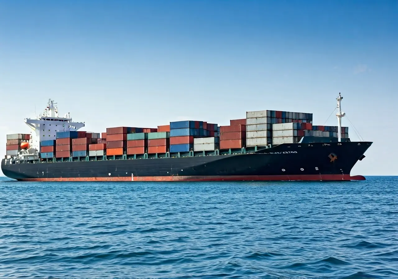 A cargo ship filled with shipping containers at sea. 35mm stock photo