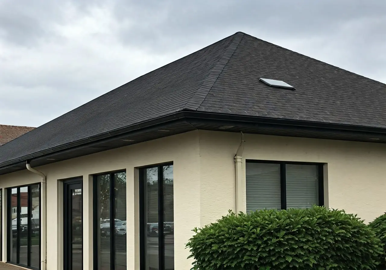 A neatly maintained commercial building with clean gutters visible. 35mm stock photo