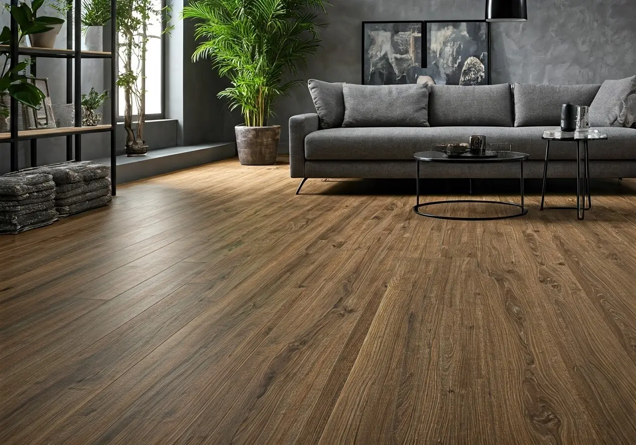 A luxurious vinyl floor with a modern furniture setup. 35mm stock photo