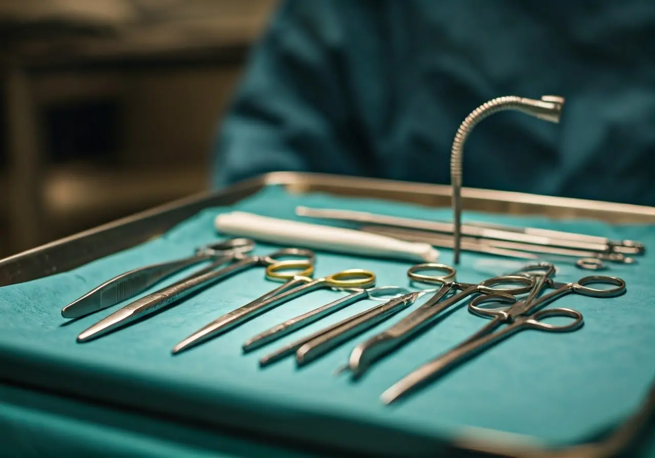 Surgeon’s tools laid out on a sterile surgical tray. 35mm stock photo