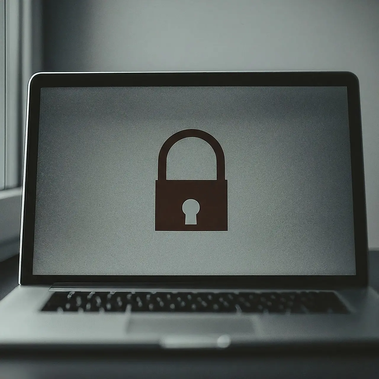 Laptop with a padlock symbol on the screen. 35mm stock photo