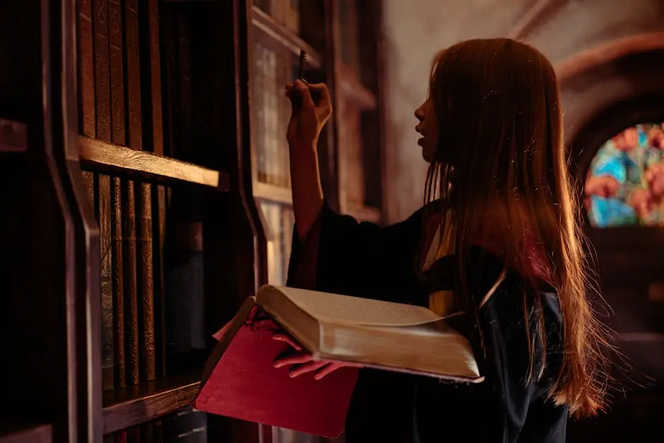 Young woman in wizard costume explores a mystical library with spellbooks.