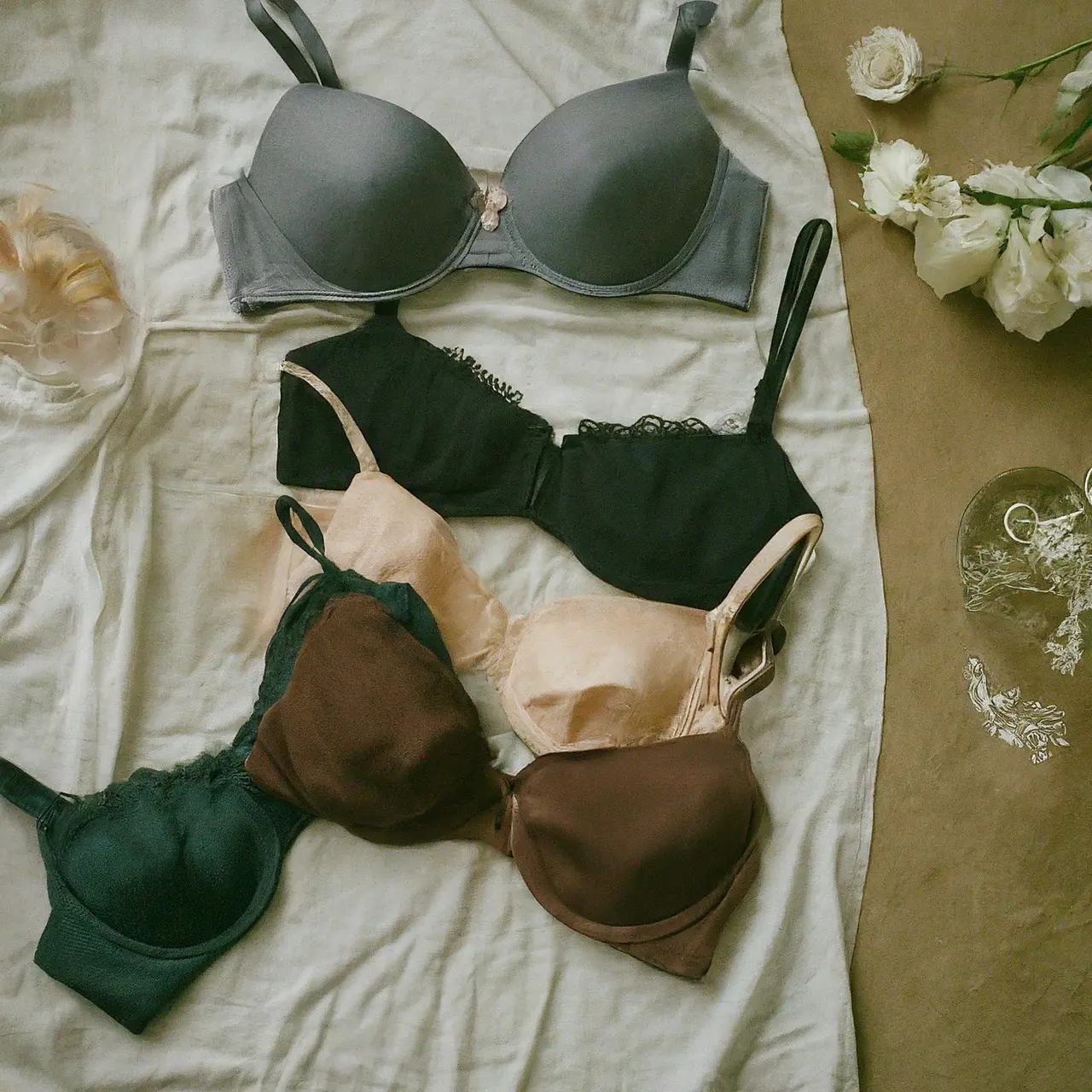 A variety of balconette bras in different colors and styles. 35mm stock photo