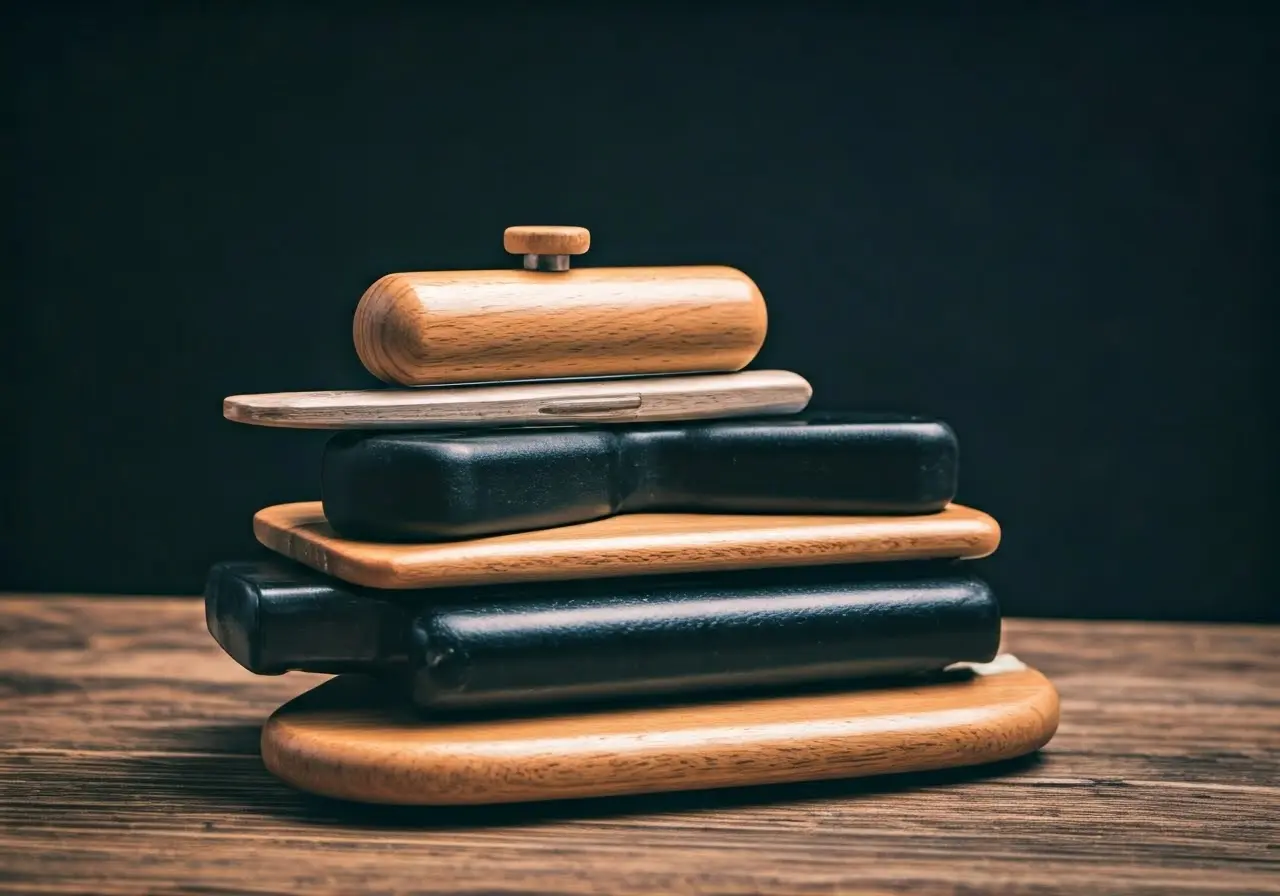 A stack of chiropractic treatment tools on a wooden table. 35mm stock photo