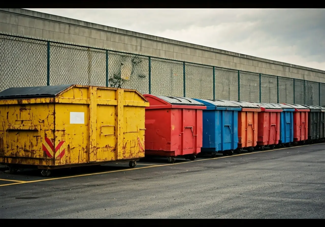 A row of colorful dumpsters in a parking lot. 35mm stock photo