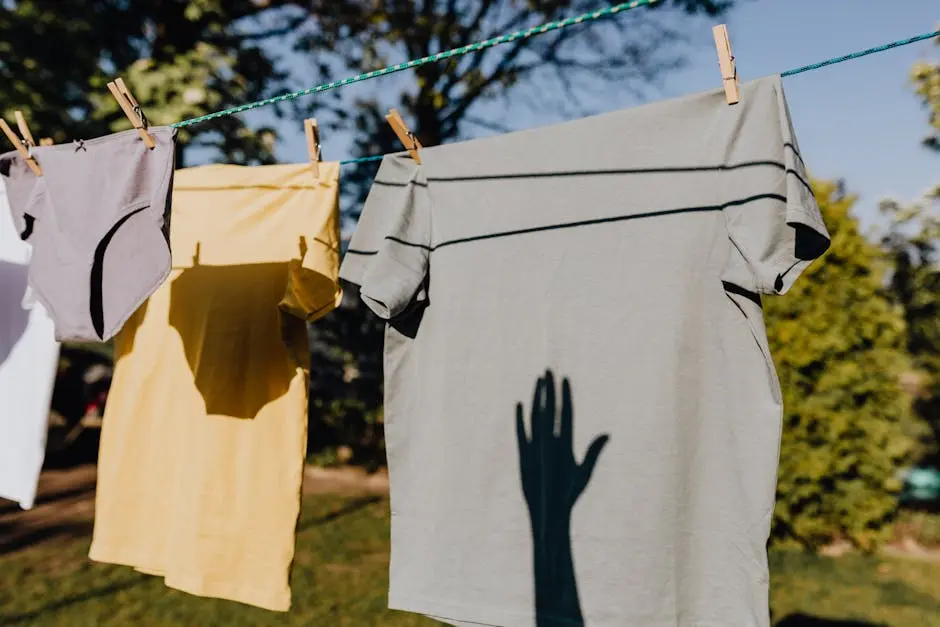 Clothes drying on rope with clothespins in garden