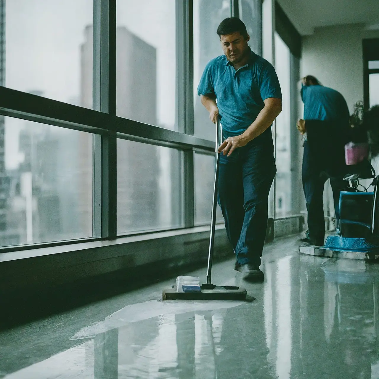 Professionals cleaning a shiny office floor with equipment. 35mm stock photo