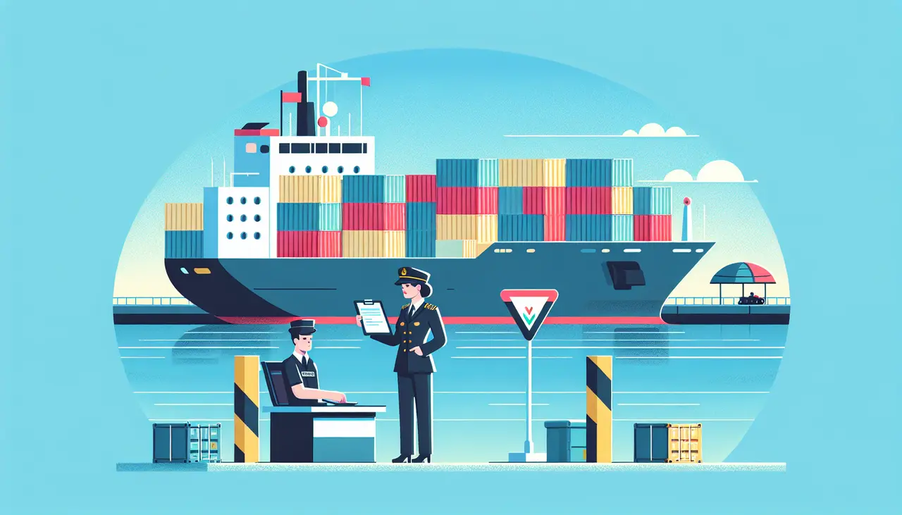 Draw a graphic in flat design style. A minimalist illustration of a ship with cargo containers and a customs officer checking documents.