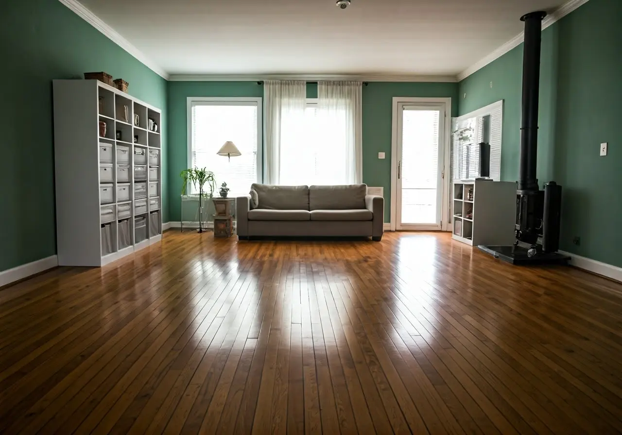 A spotless, organized living room with gleaming hardwood floors. 35mm stock photo