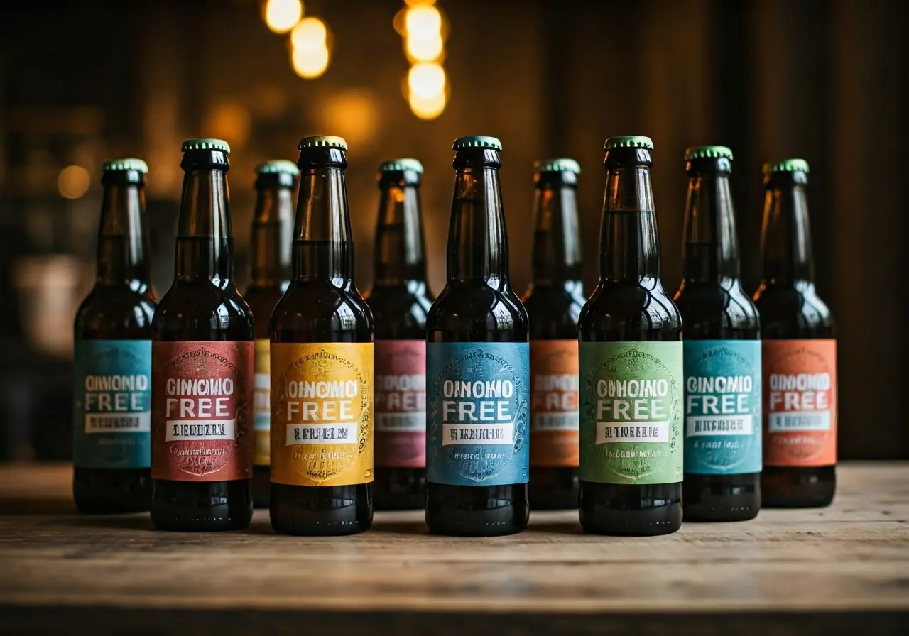 A row of colorful artisanal beer bottles with alcohol-free labels. 35mm stock photo