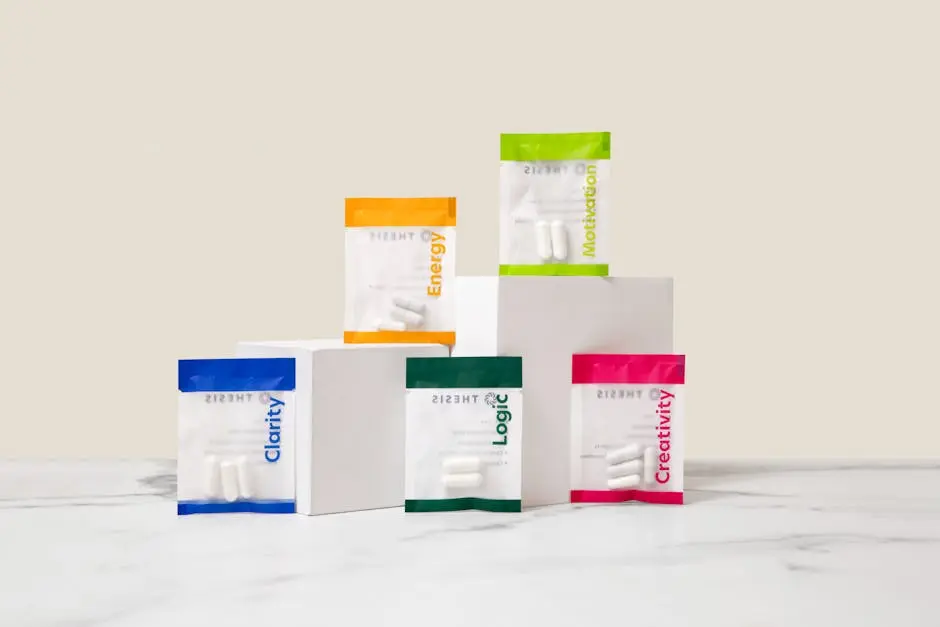 Vibrant display of nootropic supplements showcasing energy, motivation, creativity, and clarity on white blocks.