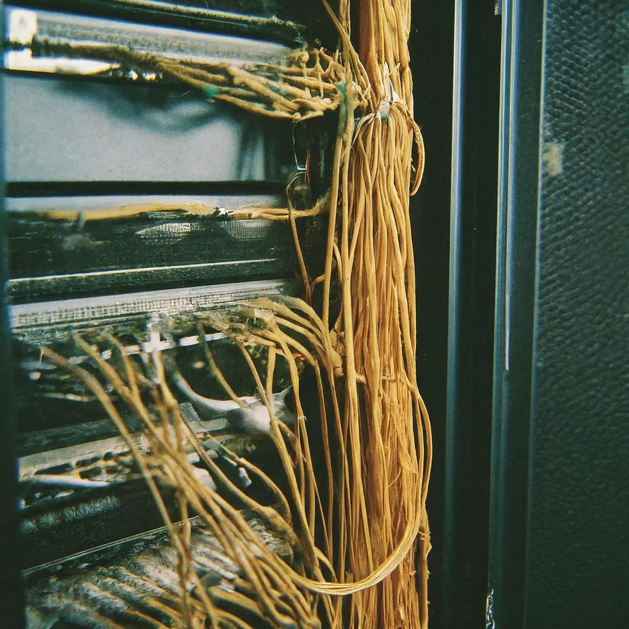 A server room with multiple network cables and blinking lights. 35mm stock photo