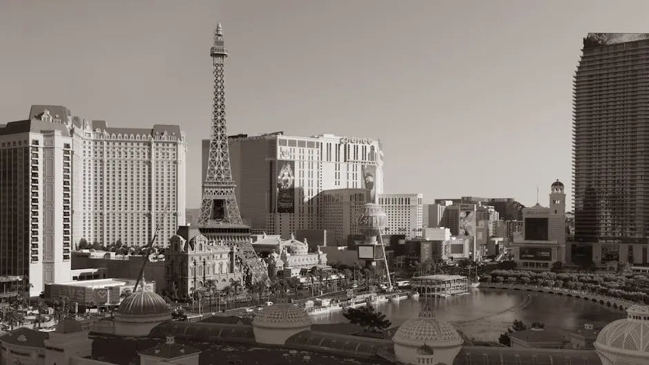 Black and white photo of Las Vegas Strip featuring the Eiffel Tower replica and surrounding hotels.