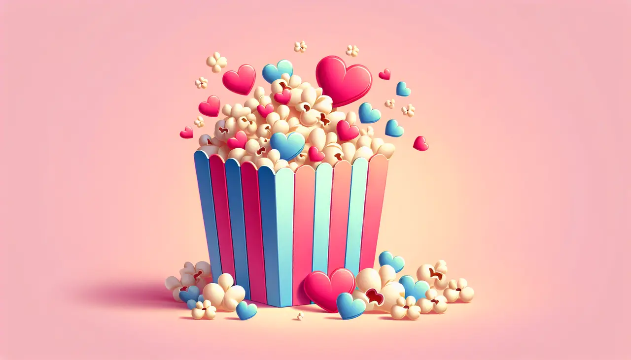 Draw a graphic in flat design style. A colorful flat design of a large popcorn tin with heart-shaped pieces of popcorn spilling out, set against a soft pastel background.