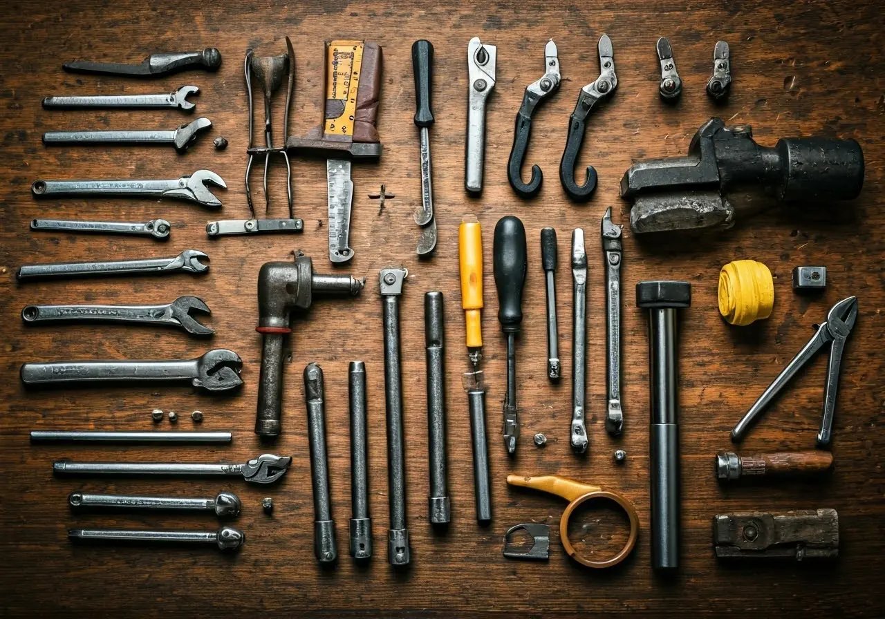 A variety of tools neatly arranged on a workbench. 35mm stock photo