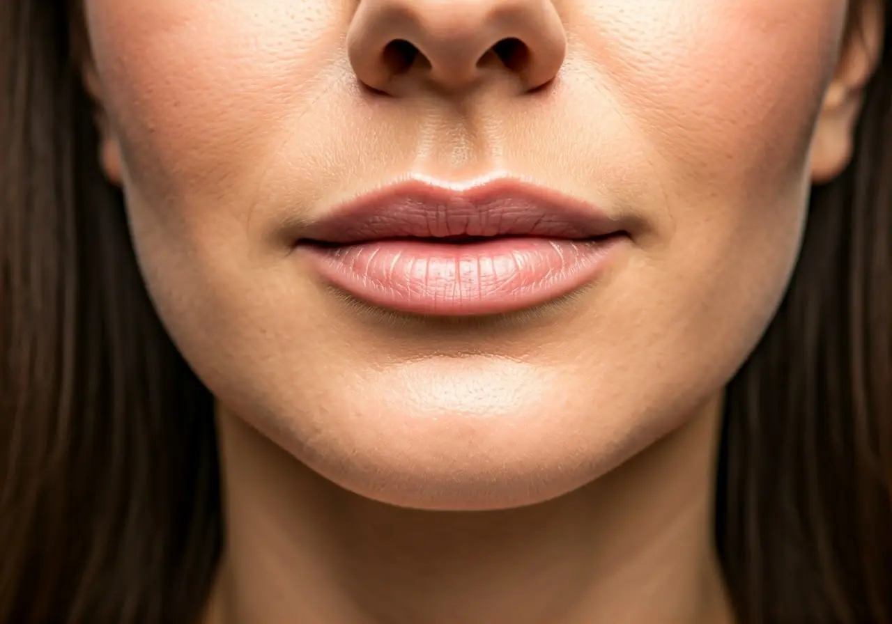 A close-up of a woman’s chin with Kybella injection. 35mm stock photo