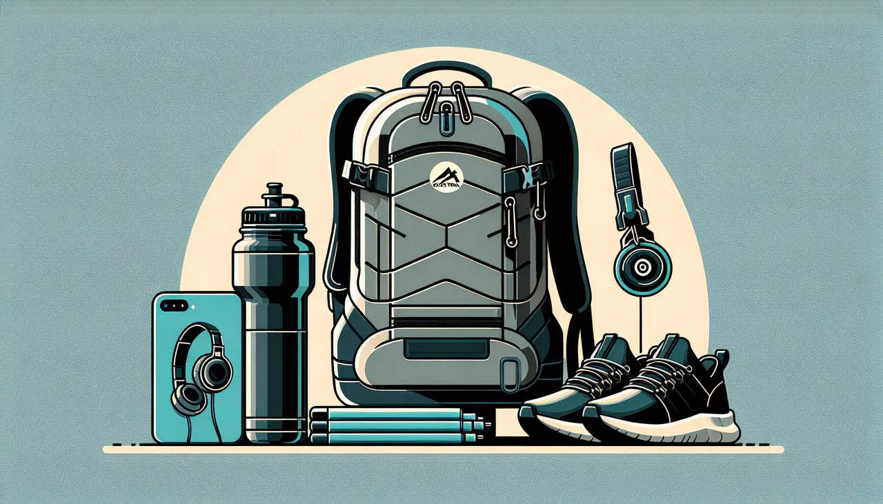 Draw a graphic in flat design style. Create an image of a stylish Ozark Trail backpack next to gym gear like a water bottle, headphones, and sneakers, all in a flat design style.