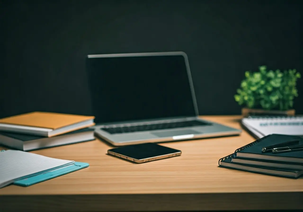 A laptop on a desk with IT consulting books and notes. 35mm stock photo