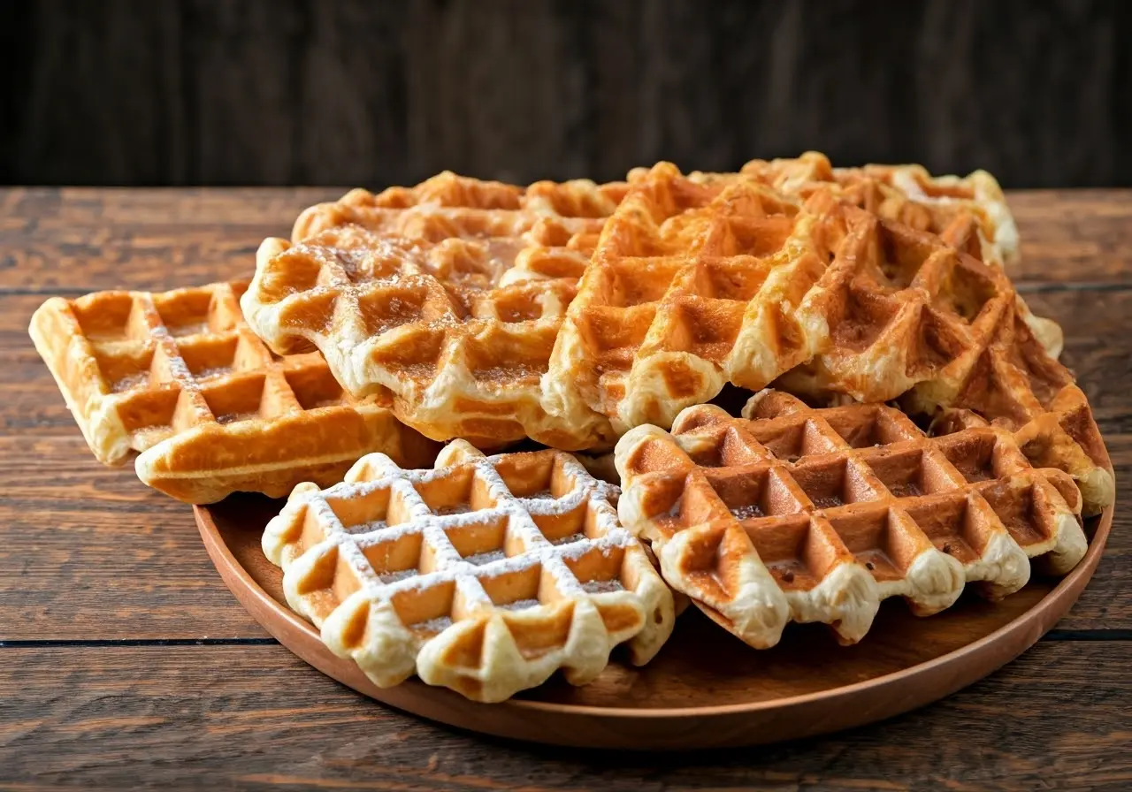 Close-up of various colorful specialty waffles on a table. 35mm stock photo