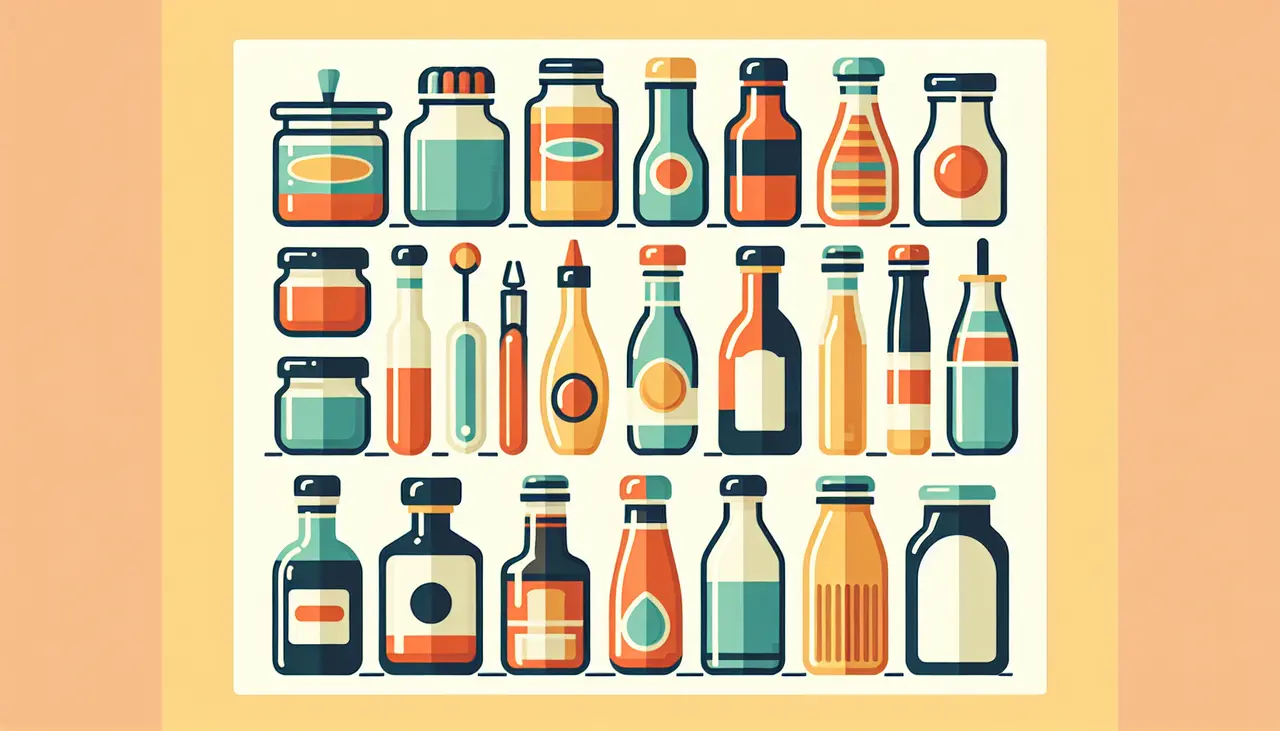 Draw a graphic in flat design style. A minimalistic illustration of various colorful condiment jars and bottles neatly arranged on a kitchen counter.