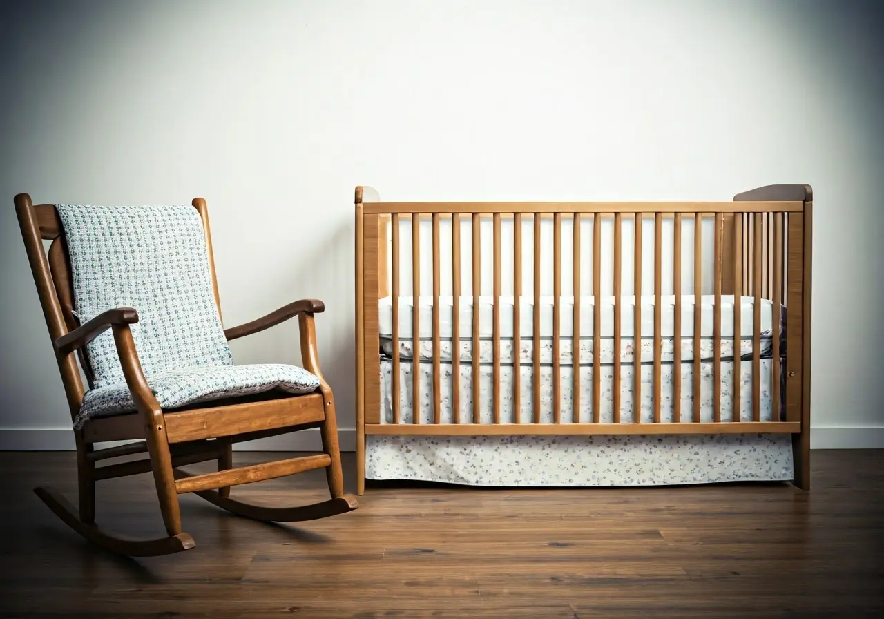 A new crib beside a slightly worn rocking chair. 35mm stock photo