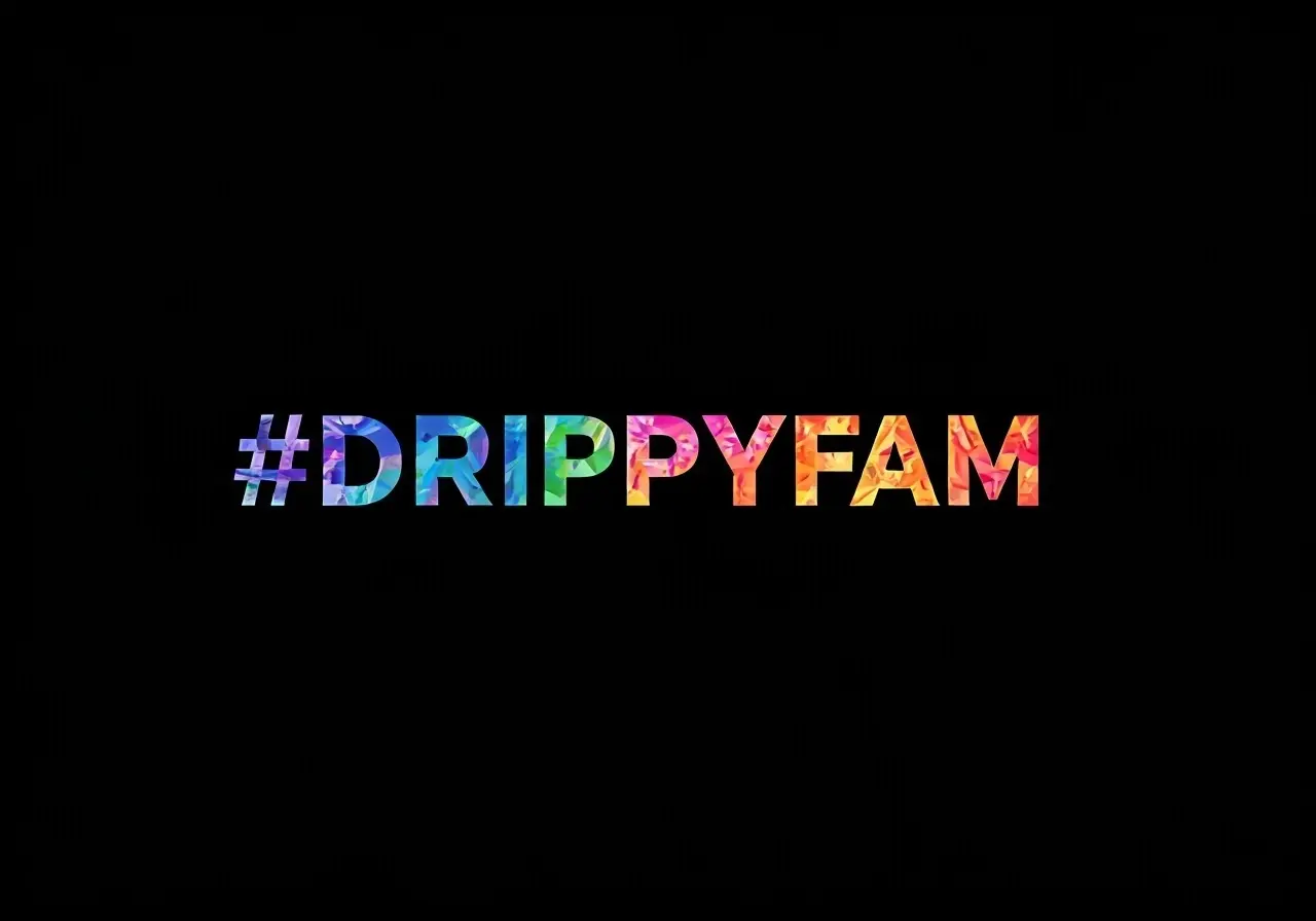 A bright, colorful logo of the #DRIPPYFAM community. 35mm stock photo