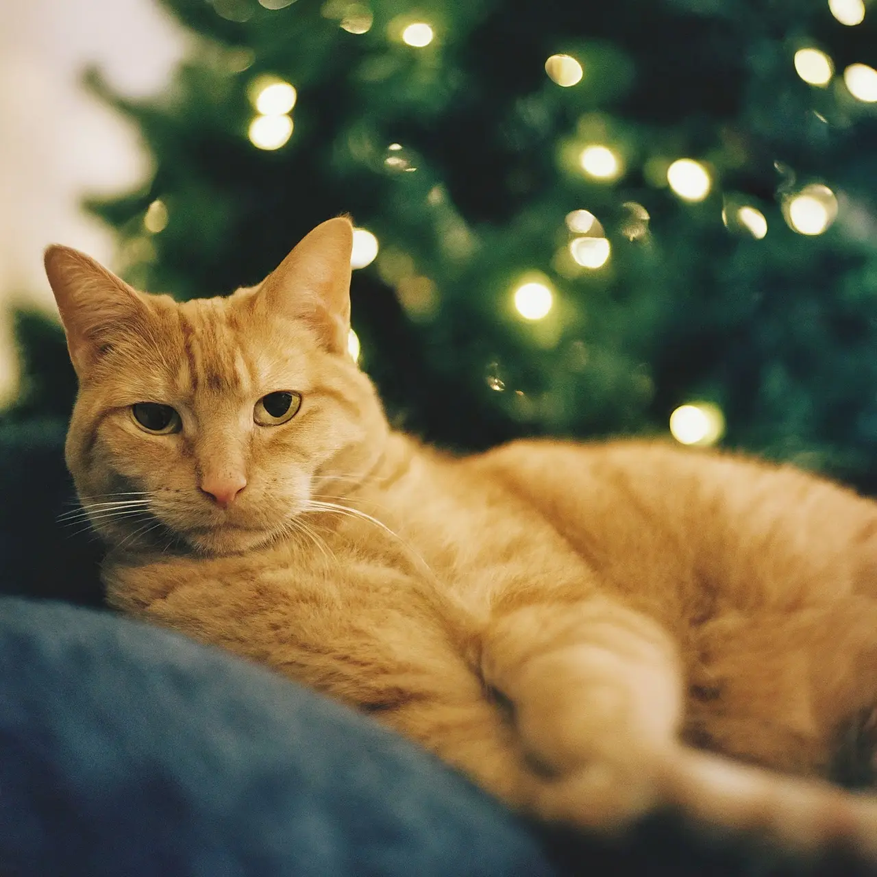 A cozy cat lounging by a Christmas tree. 35mm stock photo