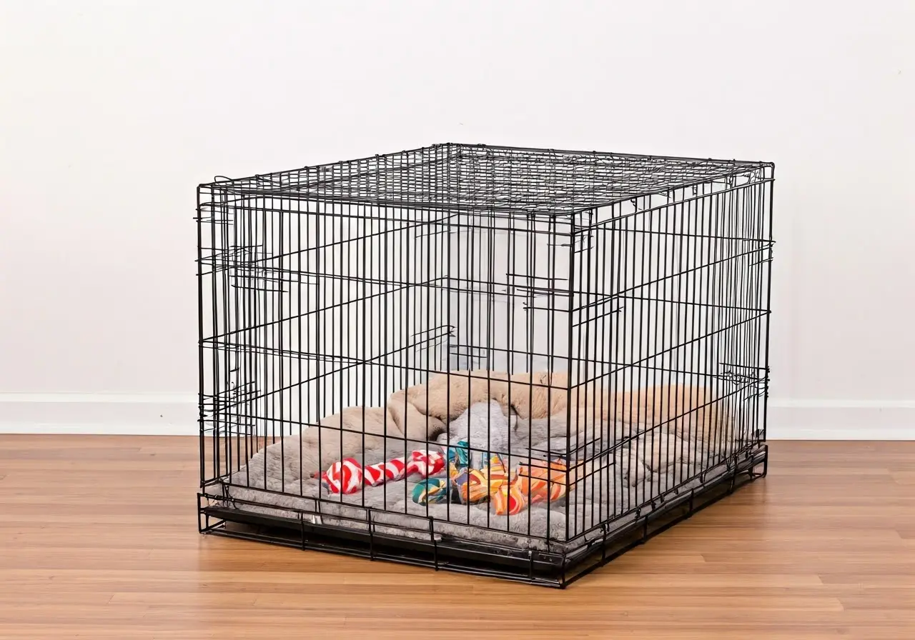 A 48-inch crate with soft bedding and dog toys. 35mm stock photo