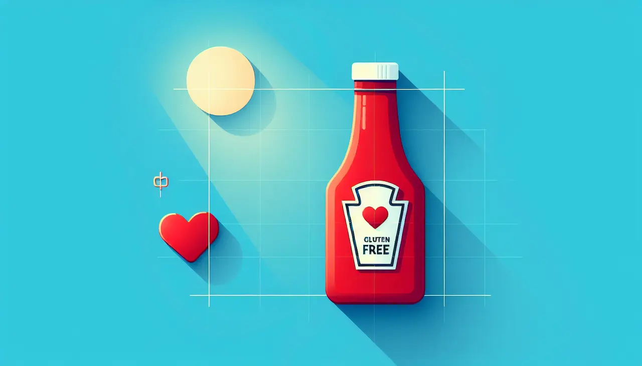 Draw a graphic in flat design style. A bottle of ketchup with a gluten-free label and a small heart icon beside it.