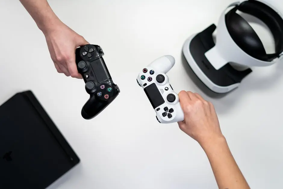 Black and white gaming controllers with VR headset on a minimalist background.