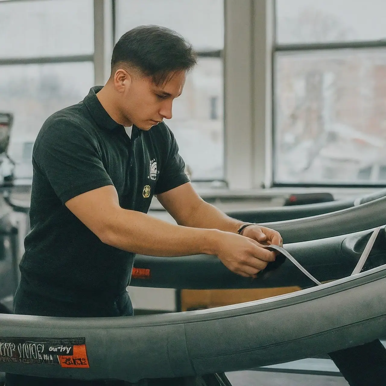 A technician inspecting a treadmill running belt in a gym. 35mm stock photo