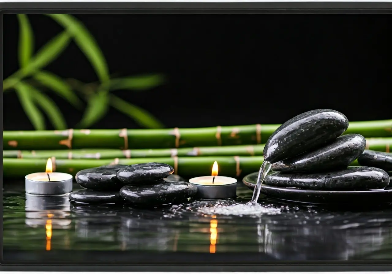 A tranquil spa with bamboo, candles, and flowing water. 35mm stock photo