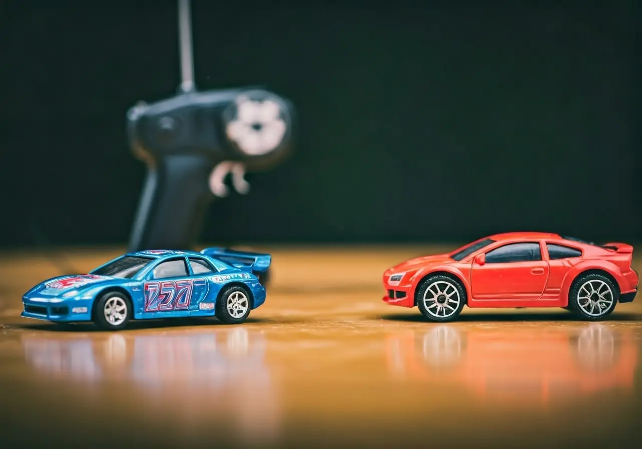 Two toy cars on a table: one remote-controlled, one manual. 35mm stock photo