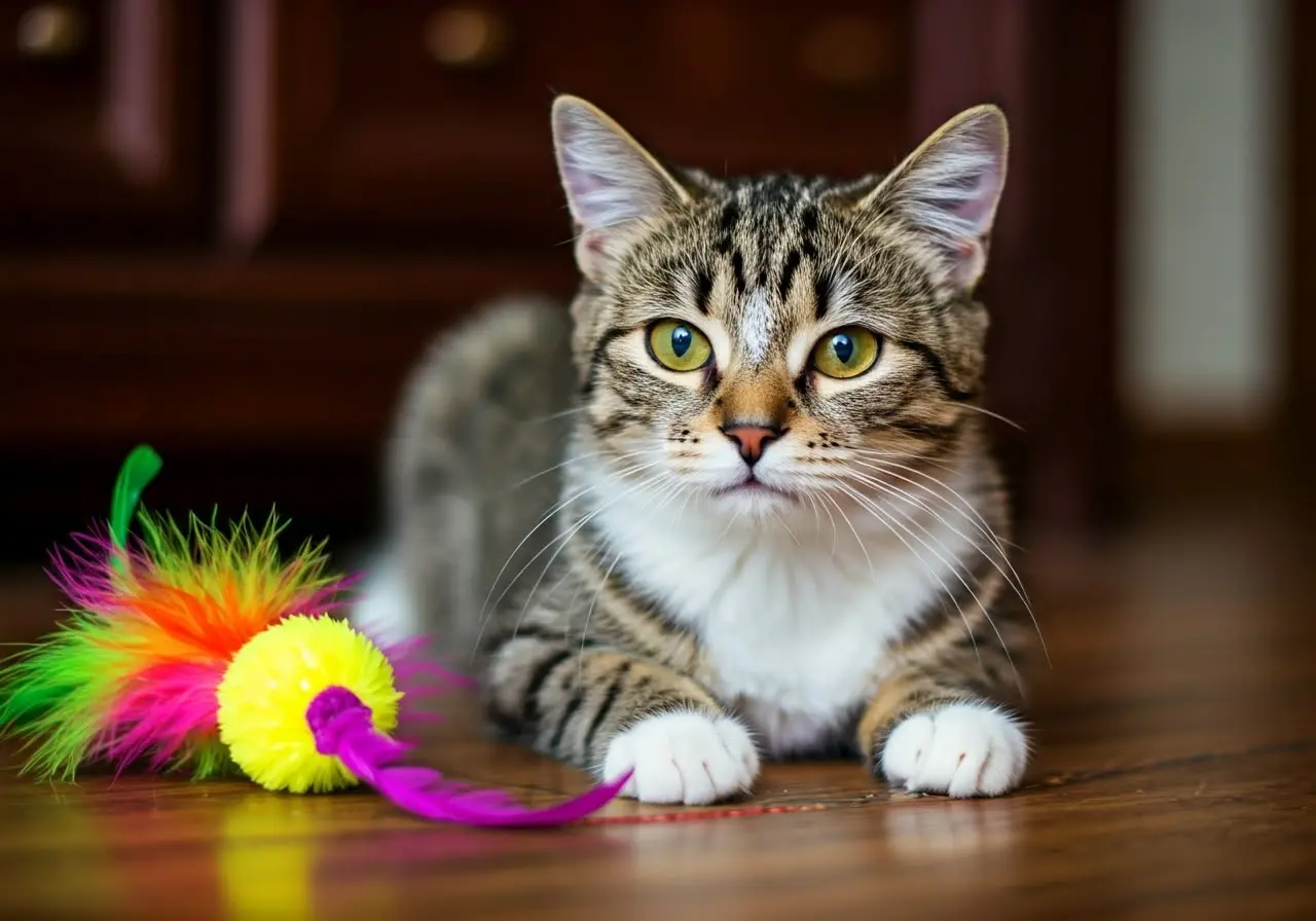 A playful cat with an array of colorful toys. 35mm stock photo