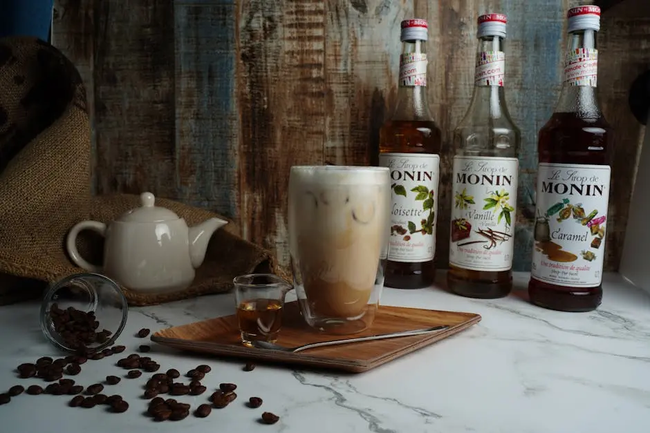 A neatly arranged iced coffee with Monin syrups, coffee beans, and a teapot on a wooden background indoors.