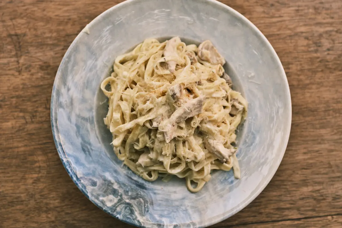 Traditional Italian Fettuccine Alfredo Pasta on Ceramic Plate