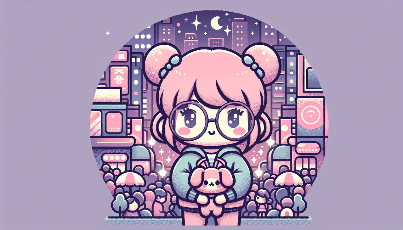 Draw a graphic in flat design style. Prompt: A flat design image of a cute, smiling anime-style character wearing a pastel-colored kawaii outfit with oversized glasses, holding a small plushie in a bustling cityscape background.